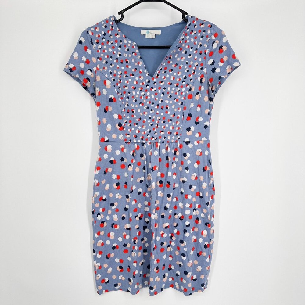 Boden Women's Emory Jersey Sheath Dress Blue Periwinkle Polka Dot Floral Size 4P
